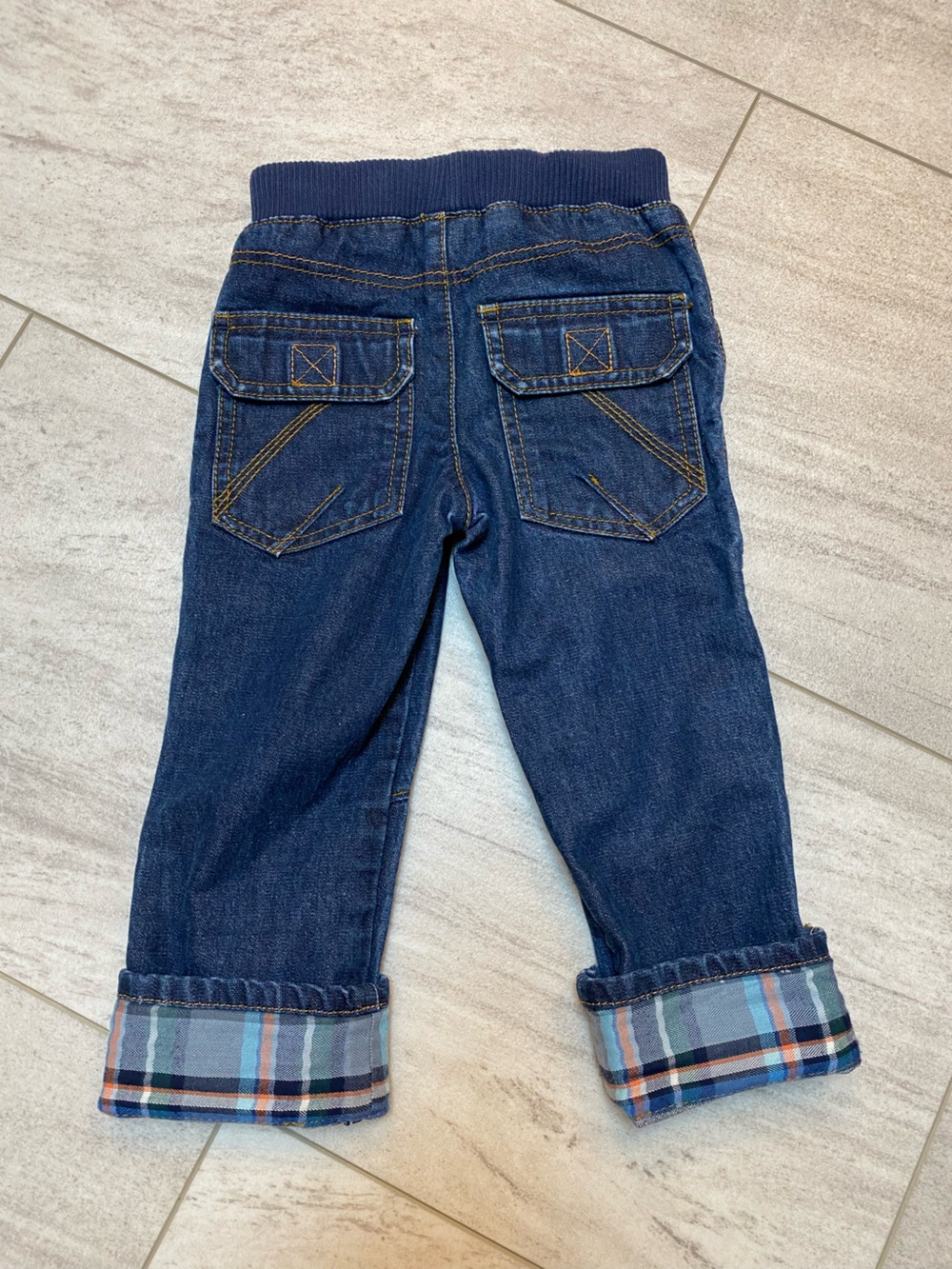 OshKosh B'gosh Navy Denim Pull-On Jeans with Plaid Cuffs Size 2T🍁 - Picture 3 of 4